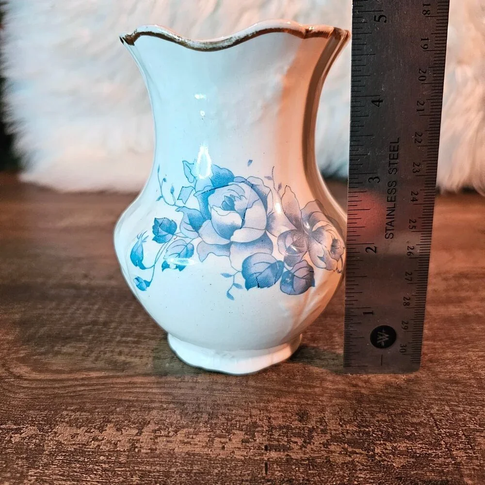 Antique Anchor Pottery 4.75” Small White Porcelain Vase with Blue Roses